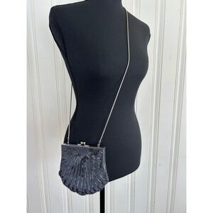 Vintage Style Gunmetal Silver Beaded Shell Evening Prom Bag Art Deco Clutch Glam